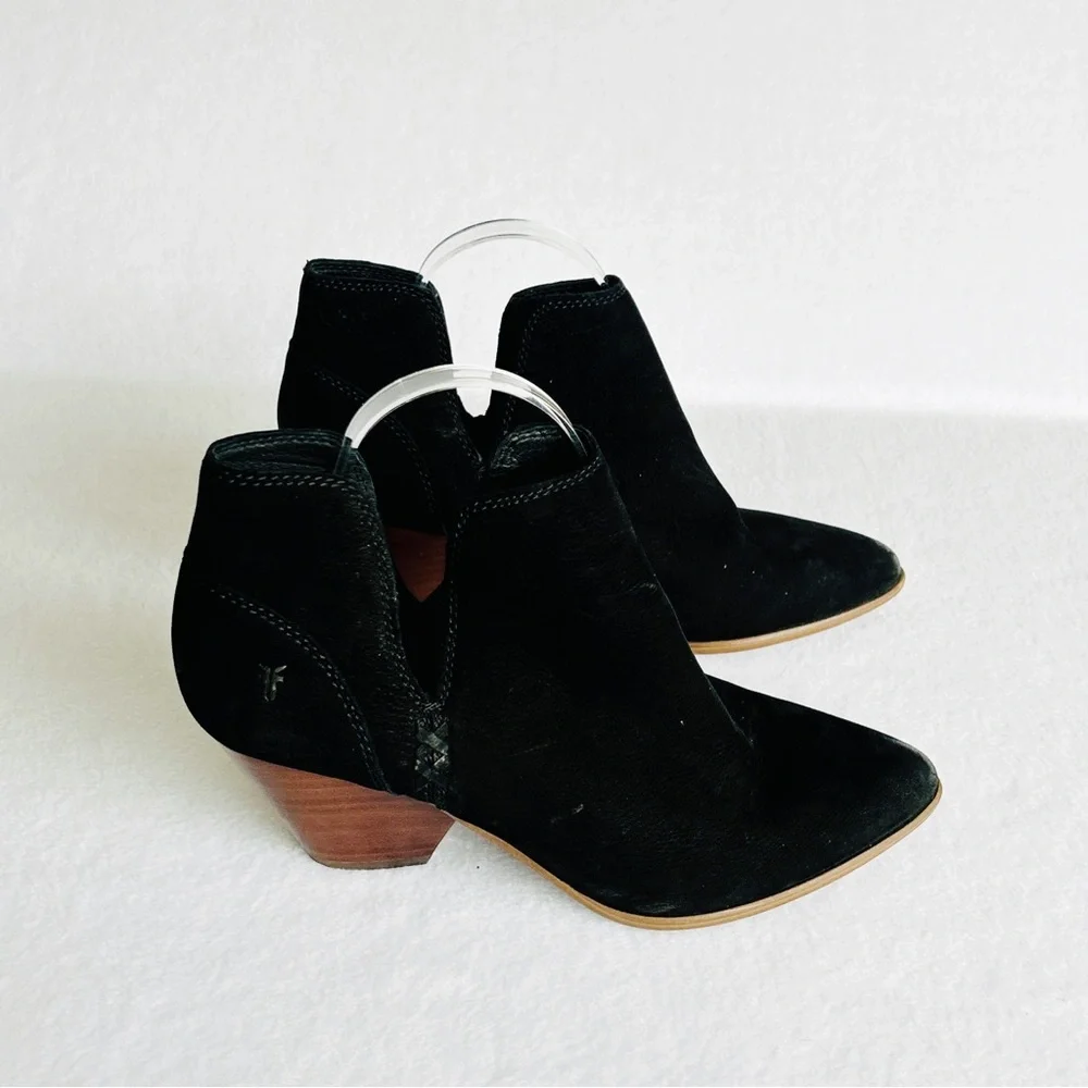 Frye Black Suede Cutout Ankle Booties with Wood Heel